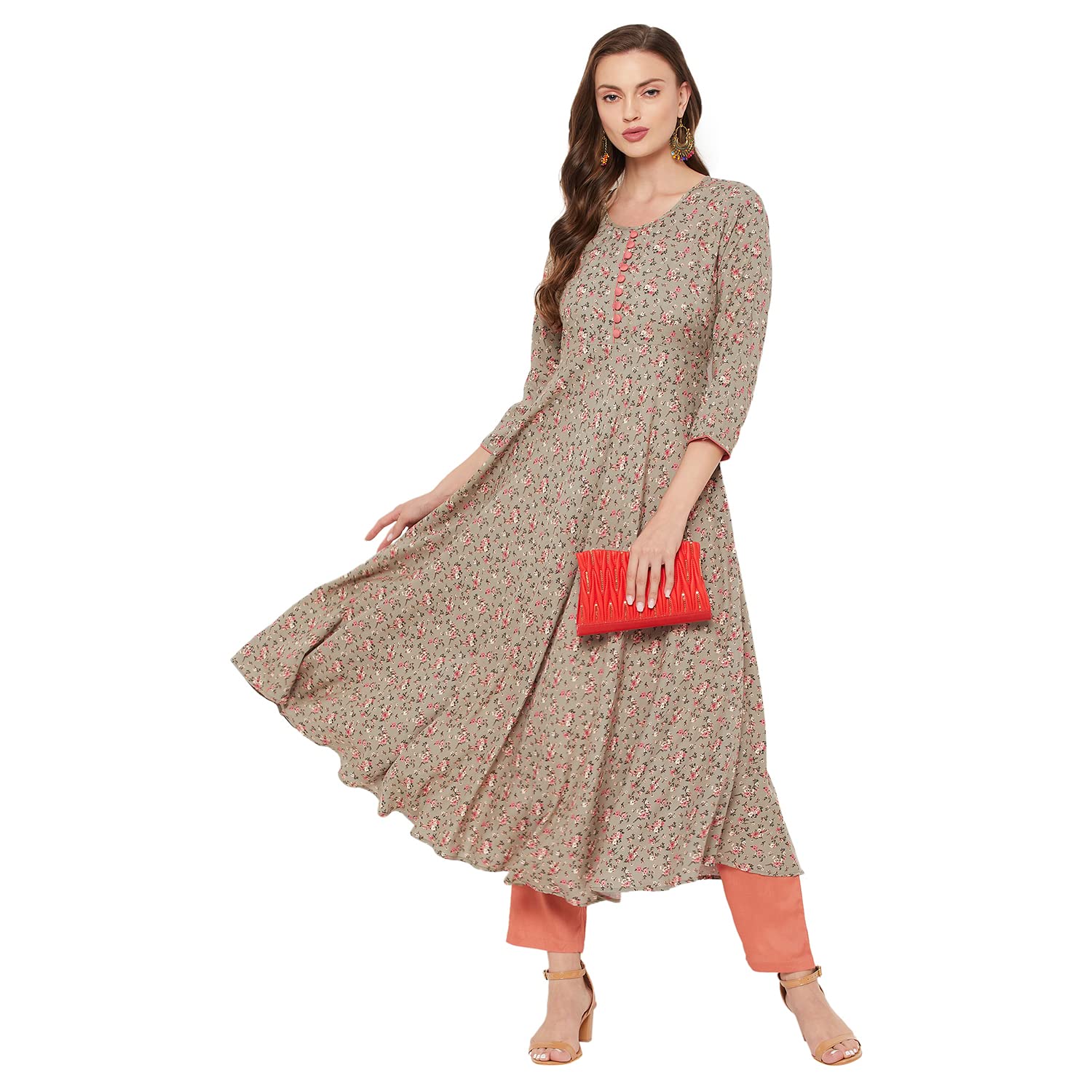 Tissu Womens Rayon Green & Pink Floral Printed A-Line Kurta 2192_Green_L