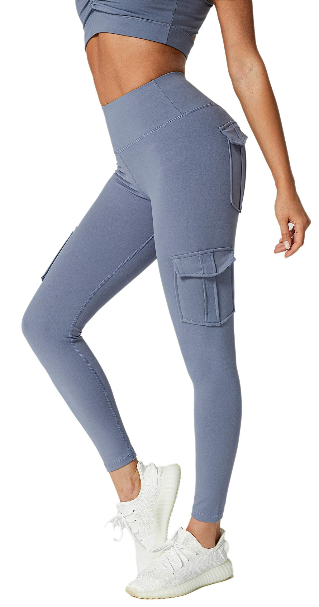 JEGGE High Waist Yoga Leggings with 4 Pockets,Tummy Control Workout Running 4 Way Stretch Cargo Pocket Leggings (Blue, XX-Large)