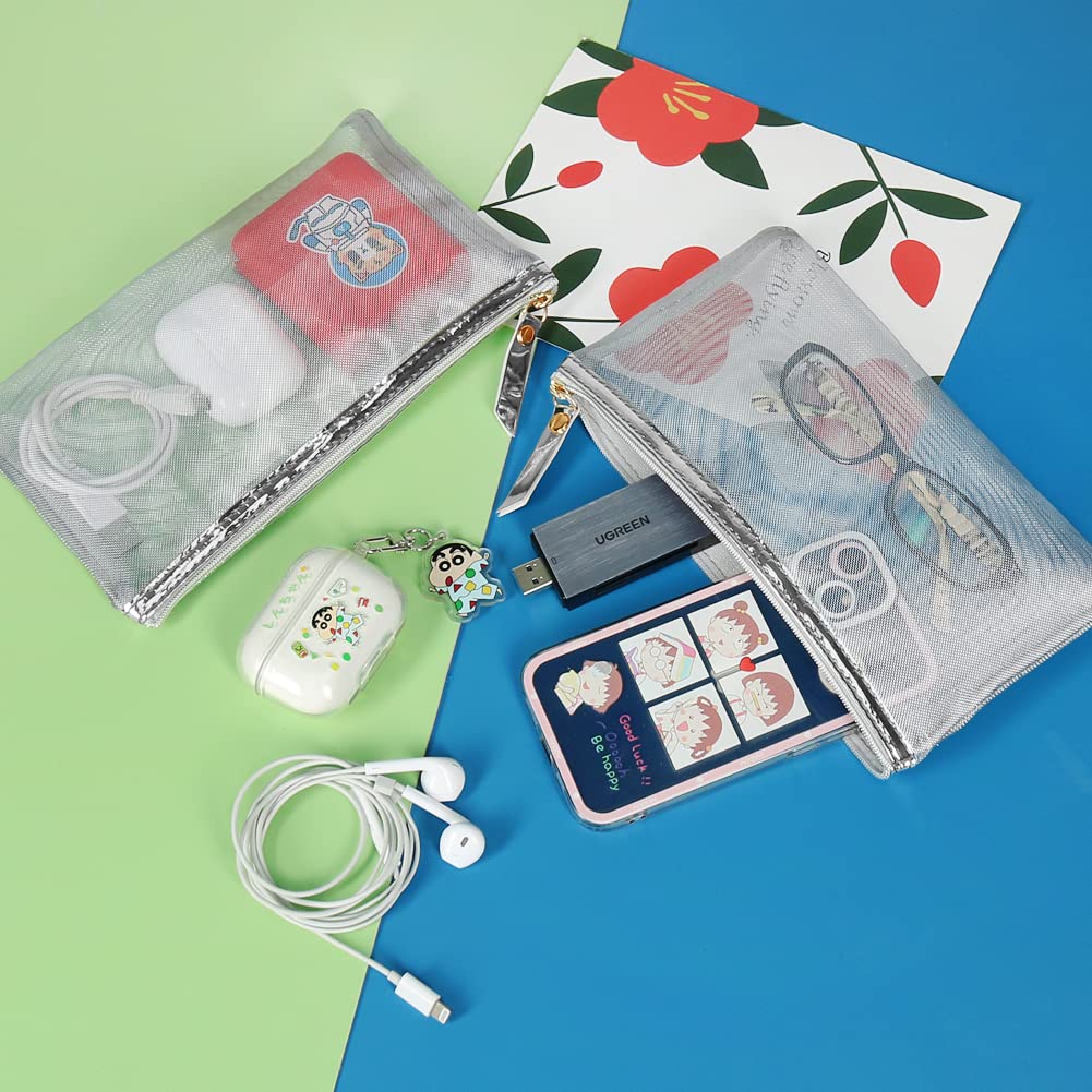 HRX Package Nylon Mesh Cosmetic Zipper Bags, Metallic Silver Makeup Pouches Travel Organizer Case for Purse Diaper Bag (4PCS)