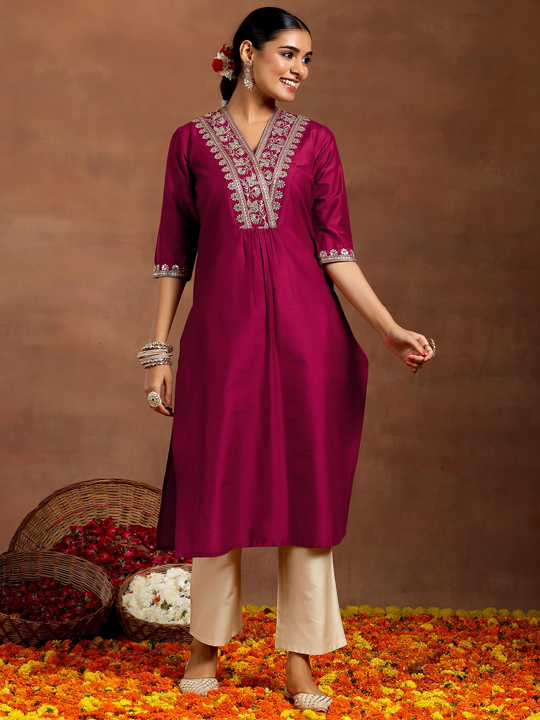 Libas WomenS Silk Embroidered Regular Kurtas (G2744R Maroon