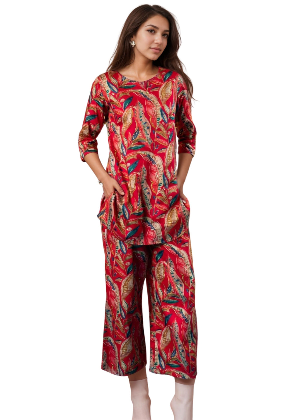 SMOWKLY Womens Printed Rayon Slub Mid Thighs Short Kurti With Relaxed Fit Pant Sylish Co-Ords Set || Trendy 3/4 Sleeve Kurta & 