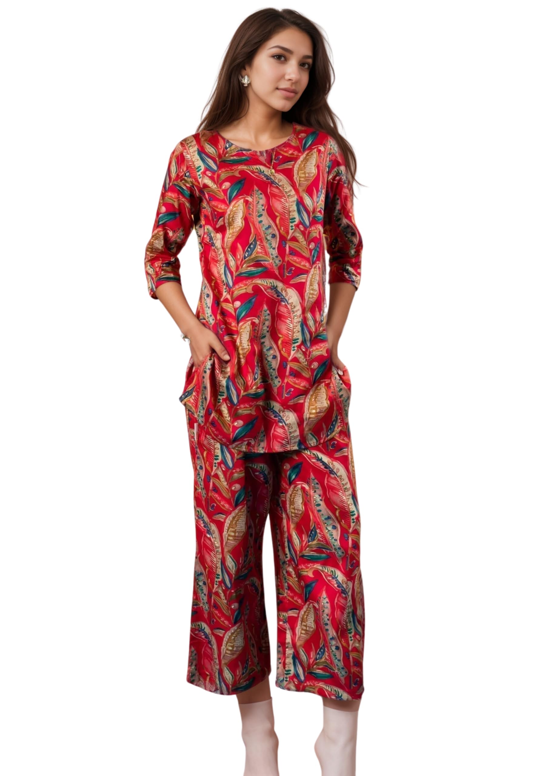 SMOWKLY Womens Printed Rayon Slub Mid Thighs Short Kurti With Relaxed Fit Pant Sylish Co-Ords Set || Trendy 3/4 Sleeve Kurta & 