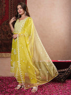 ANNI DESIGNER Womens Rayon Blend Straight Embroidered Kurta with Pant & Dupatta (Carlton LEMON-VKS07_3XL_Lemon_XXX-Large)