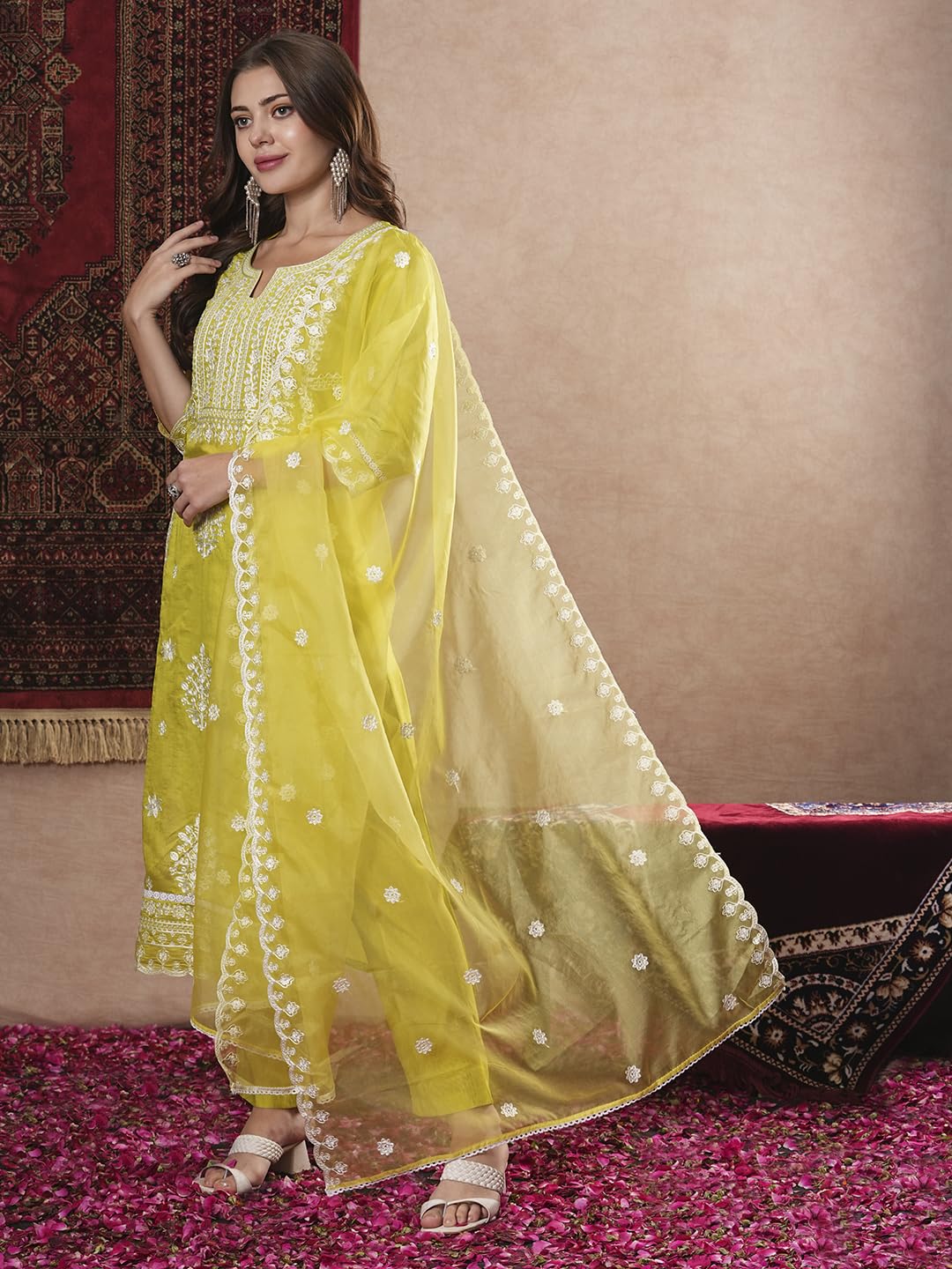ANNI DESIGNER Womens Rayon Blend Straight Embroidered Kurta with Pant & Dupatta (Carlton LEMON-VKS07_L_Lemon_Large)