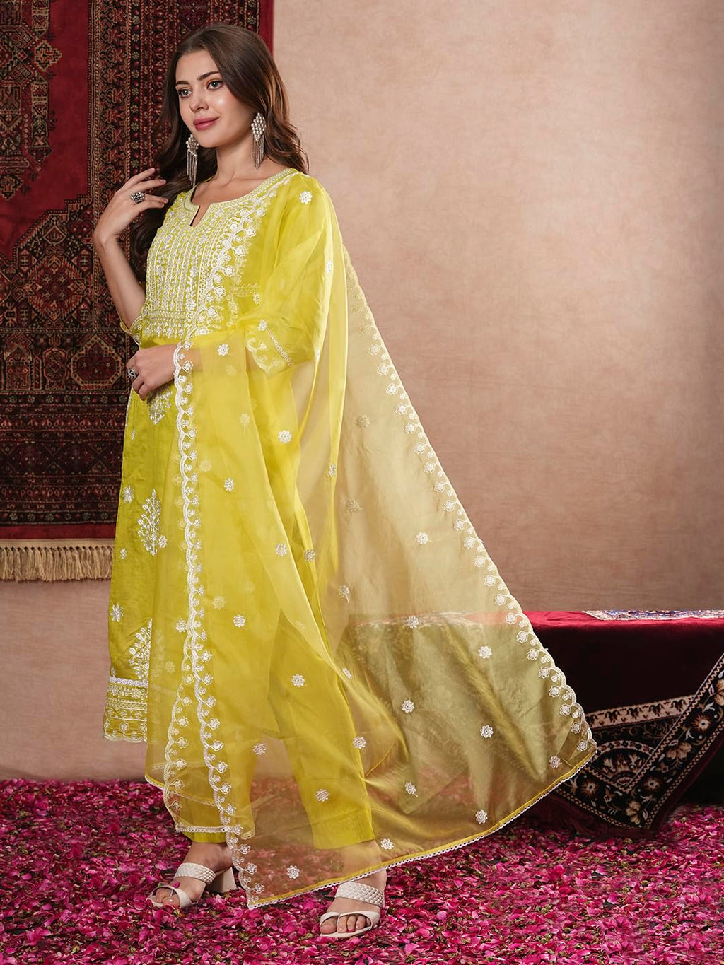 ANNI DESIGNER Womens Rayon Blend Straight Embroidered Kurta with Pant & Dupatta (Carlton LEMON-VKS07_S_Lemon_Small)