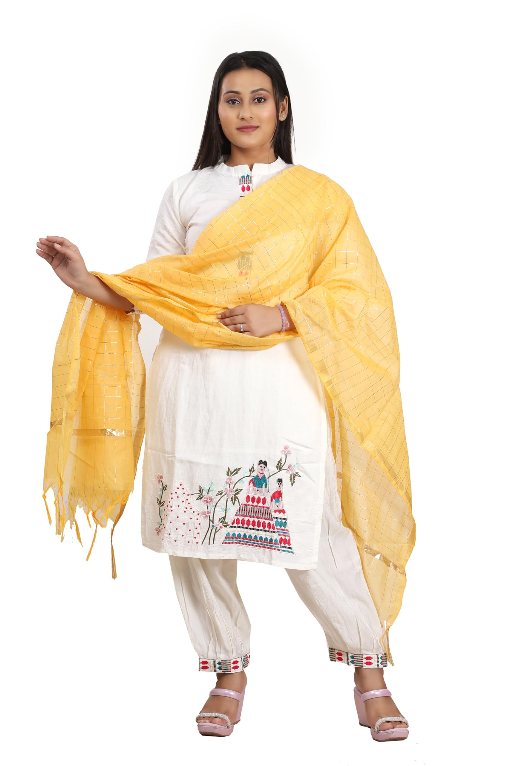 Fabme Silk Blend Women'S Checkered Dupatta With Embellish Golden Border, Free Size