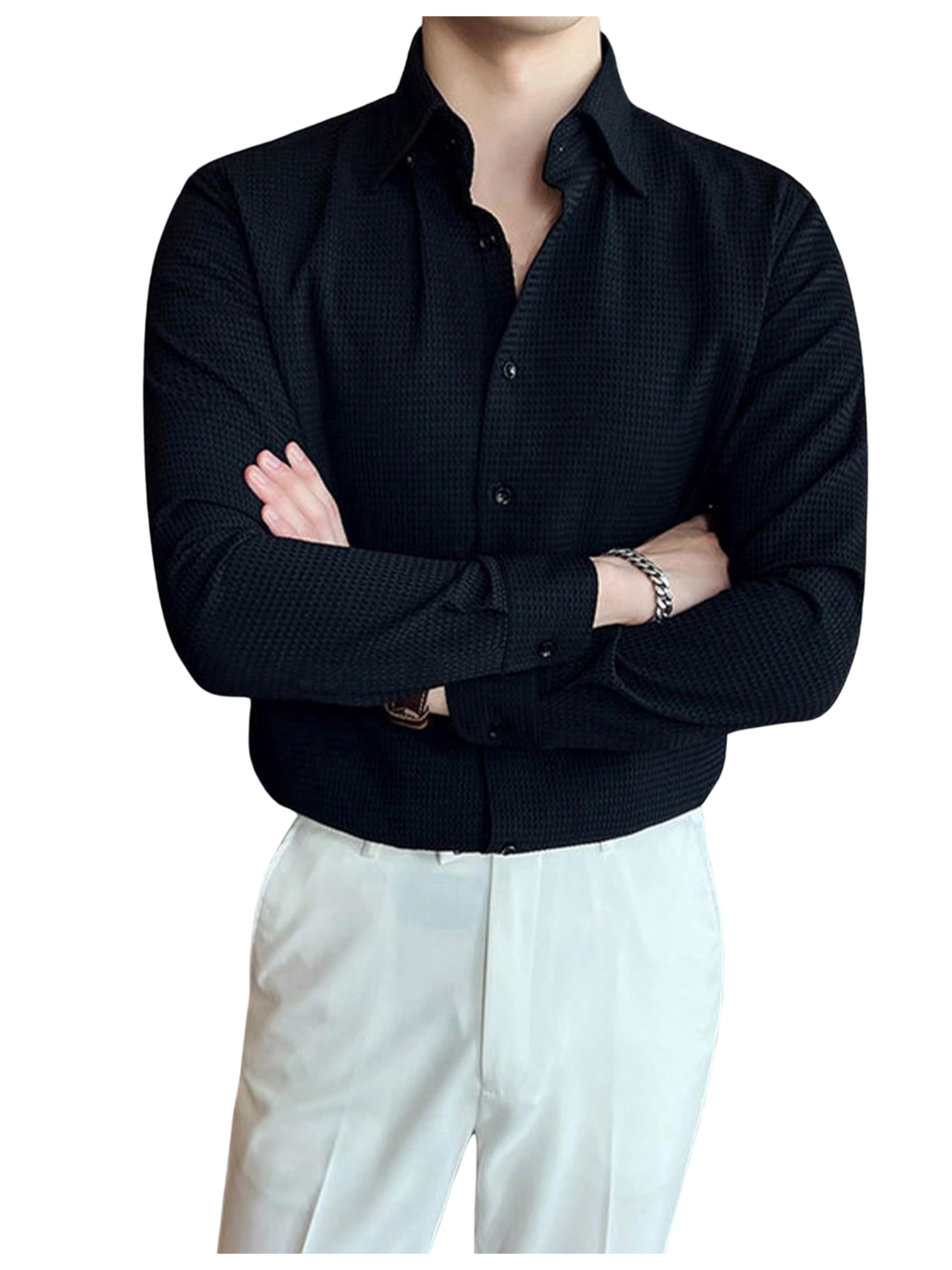 Greciilooks MenS Formal Button Down Shirt  Slim Fit Office Wear ShirtS For Men | Textured Long Sleeve Cotton Blend | Business 