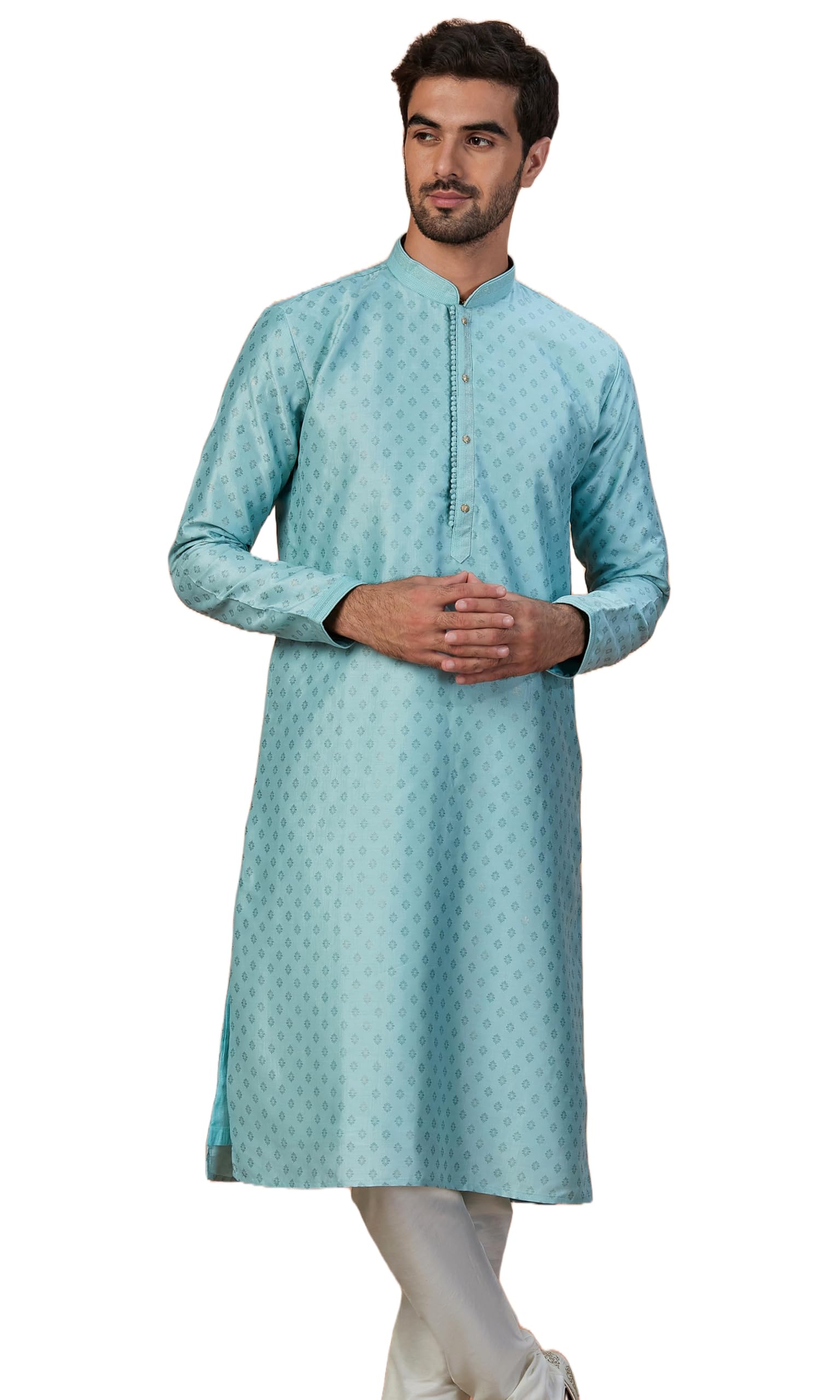 Manyavar MenS Sea Green Kurta Pajama With Golden Motifs (2Pcs) (Aqua Green,S)