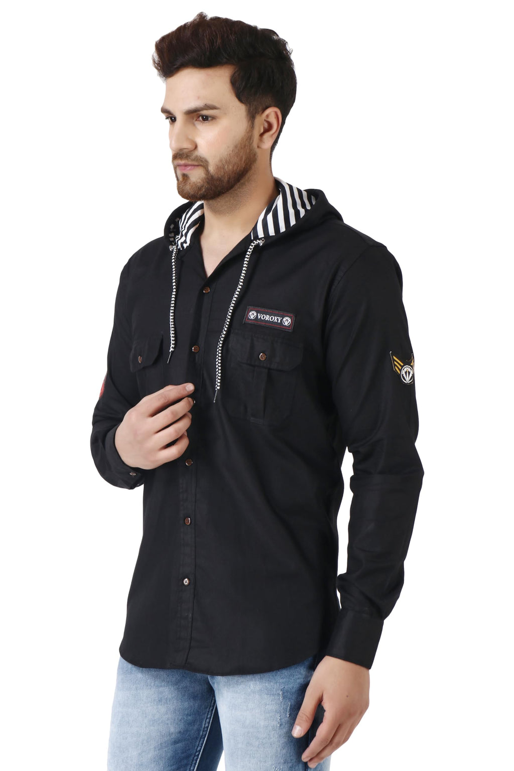 Besix MenS Black Tailored Fit Cotton Blend Shirt For Man With Hoodie - Casual Long Sleeve Shirt With Pockets - Patch Detail For