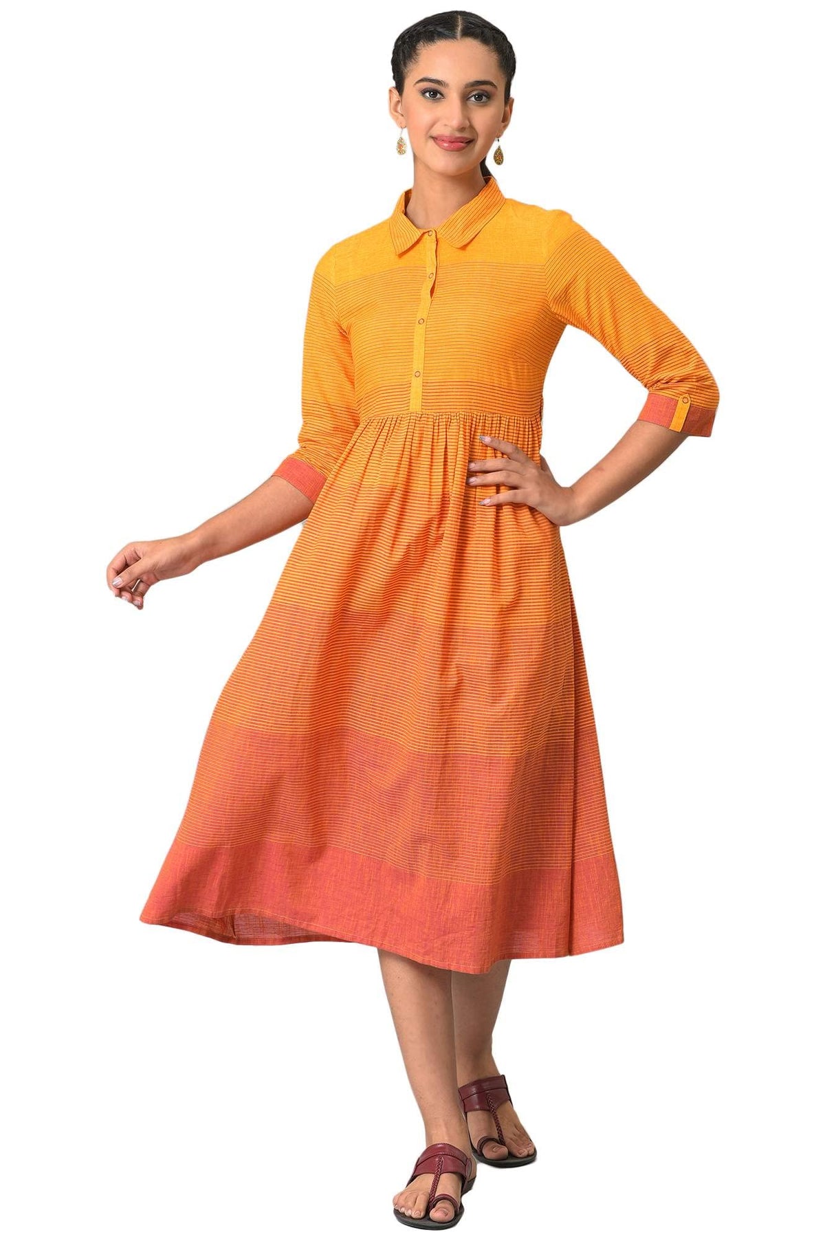 Orange Ombre Shirt Collar Summer Plus Size Dress
