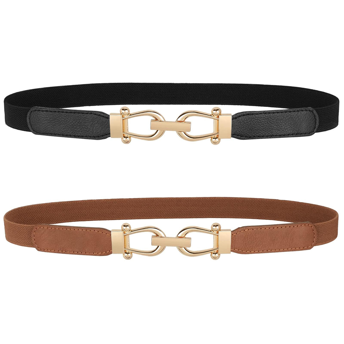 2 Pack Women Metal Skinny Belts For Dress Gold Elastic Thin Waist Belts Stretch Dress Belts, ABlack+Brown, Fit Waist Size 2832 27-31
