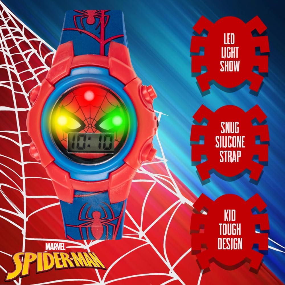 Marvel Spider-Man Kids Flashing Light-Up LCD Watch - Digital Time Display, Red & Blue Printed Plastic Strap, Interactive Button