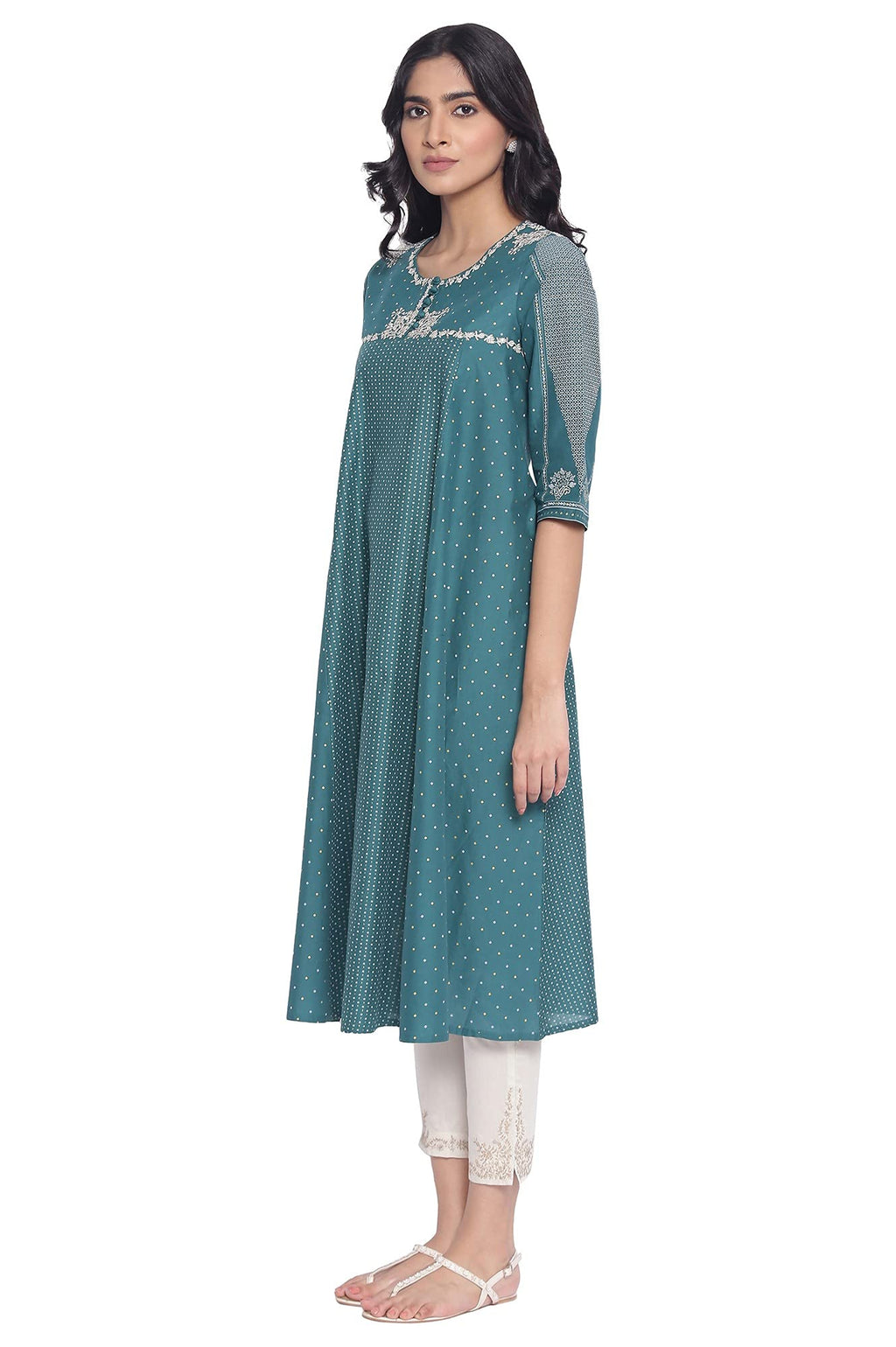 W For Woman Green Polka Dots Printed Flared Kurta