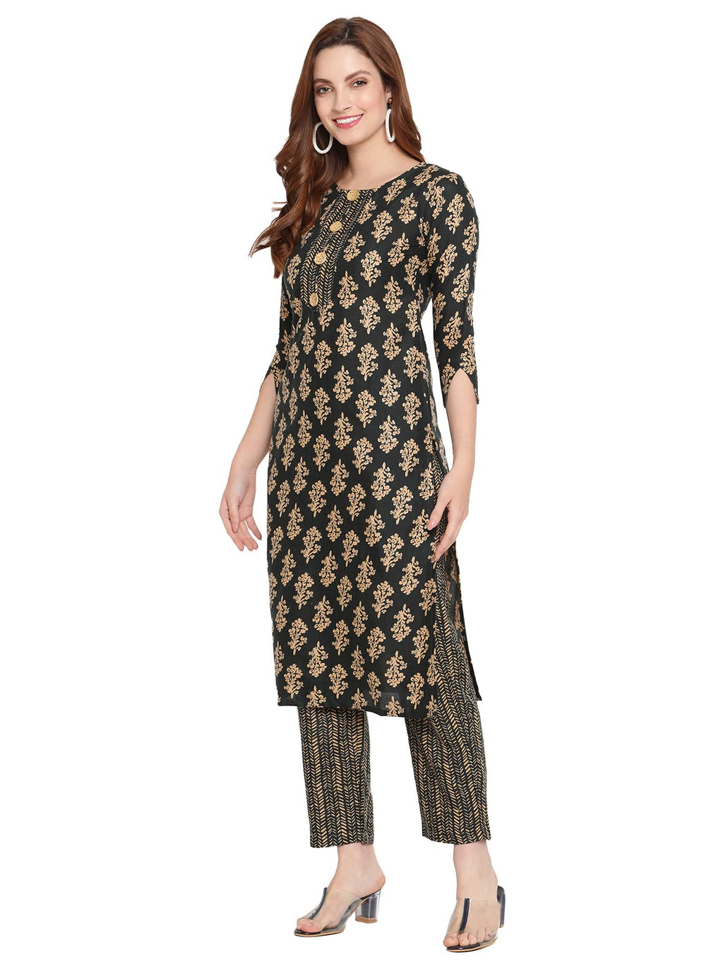 Shasmi Women'S Bottle Green Cotton Straight Kurta With Checkered Trouser (Kurta 26 Bottle Green L)