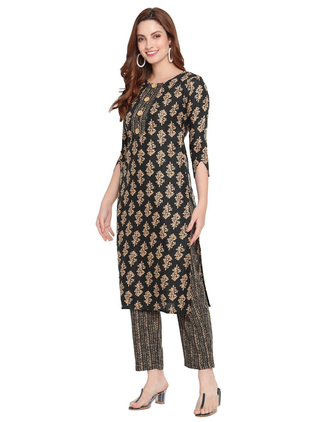 Shasmi Women'S Bottle Green Cotton Straight Kurta With Checkered Trouser (Kurta 26 Bottle Green Xl)