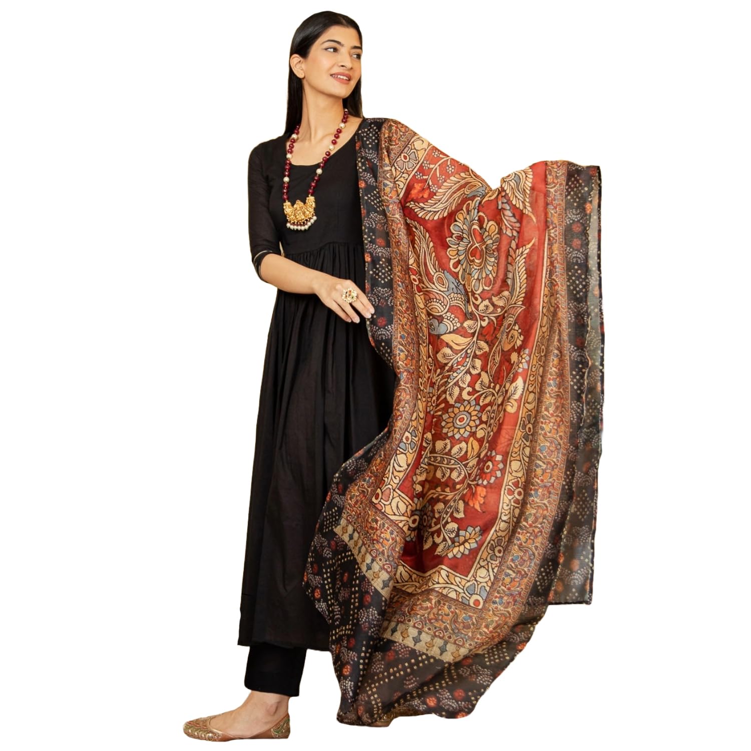 ANNI DESIGNER Womens Cotton Blend Anarkali Solid Kurta with Pant & Dupatta (Pavalino Black_XL_Black_X-Large)