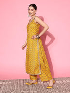 Varanga Yellow Floral Printed Spaghetti Strap Style Straight Kurta Paire With Bottom And Contrast Bottom