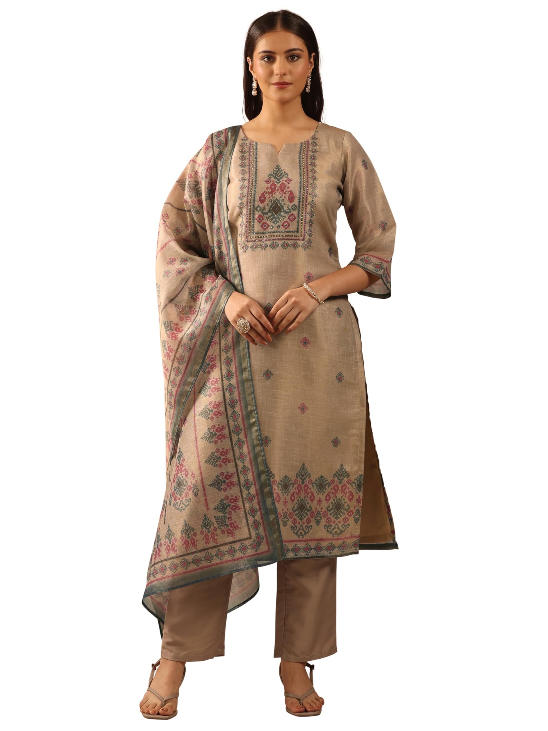 Libas Beige Printed Silk Blend Straight Kurta set for Women (401085S)