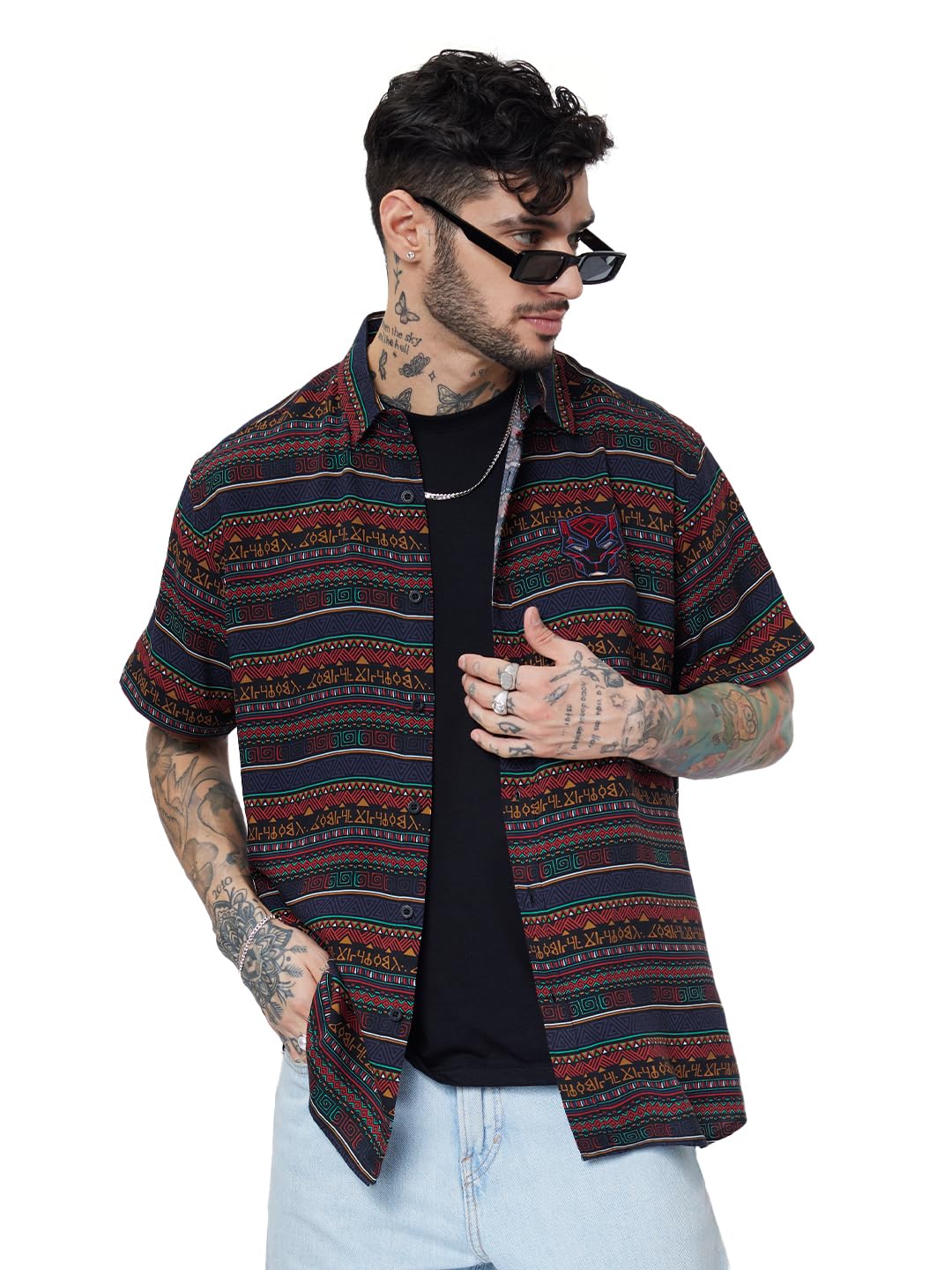 The Souled Store Official Black Panther: Tribal Pattern Men and Boys Relaxed fit Half Sleeve Rayon Navy Blue Color Men Summer Sh