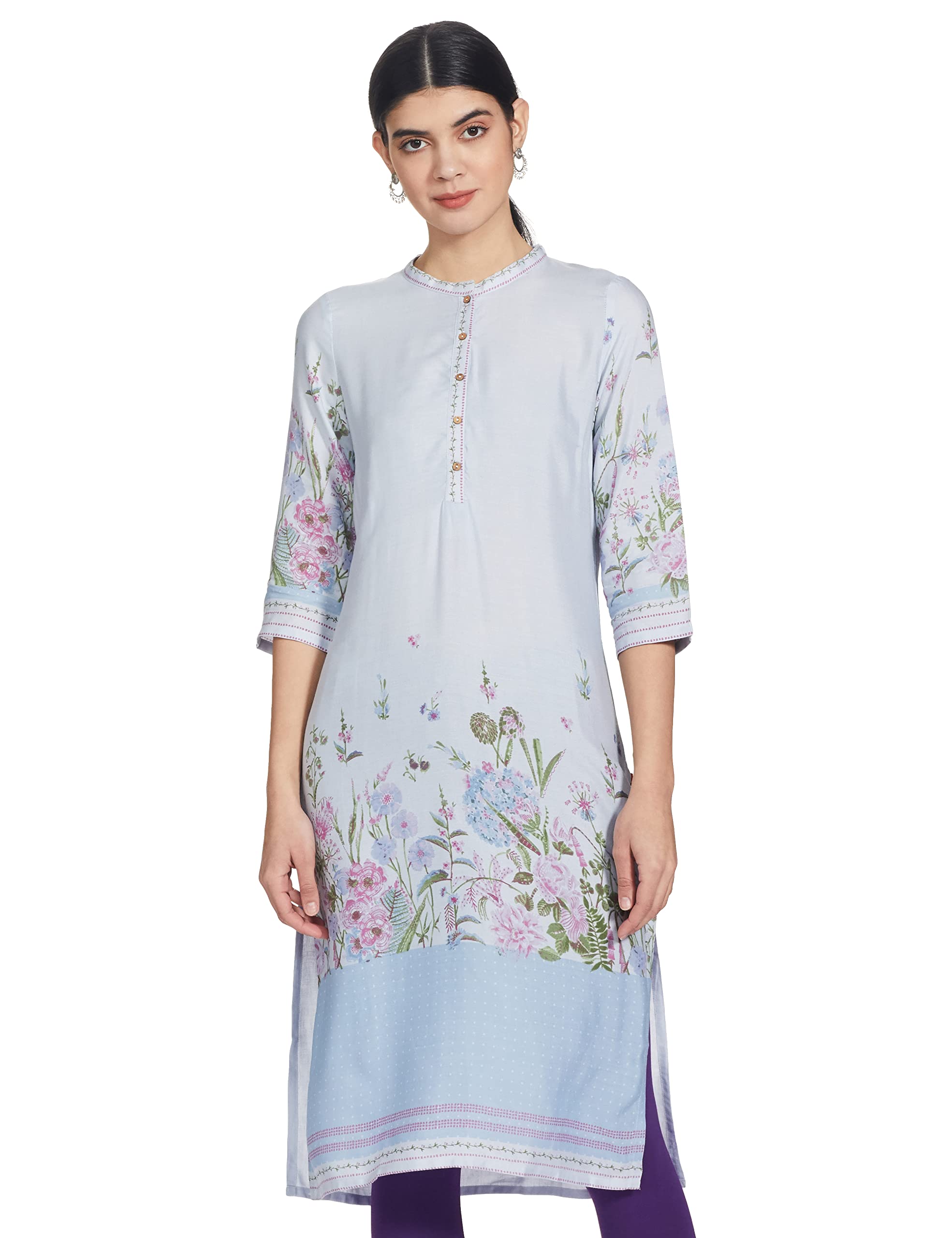 W For Woman Blue Casual Floral Print Rayon Straight Kurta_21Auw15983-117073_Xl