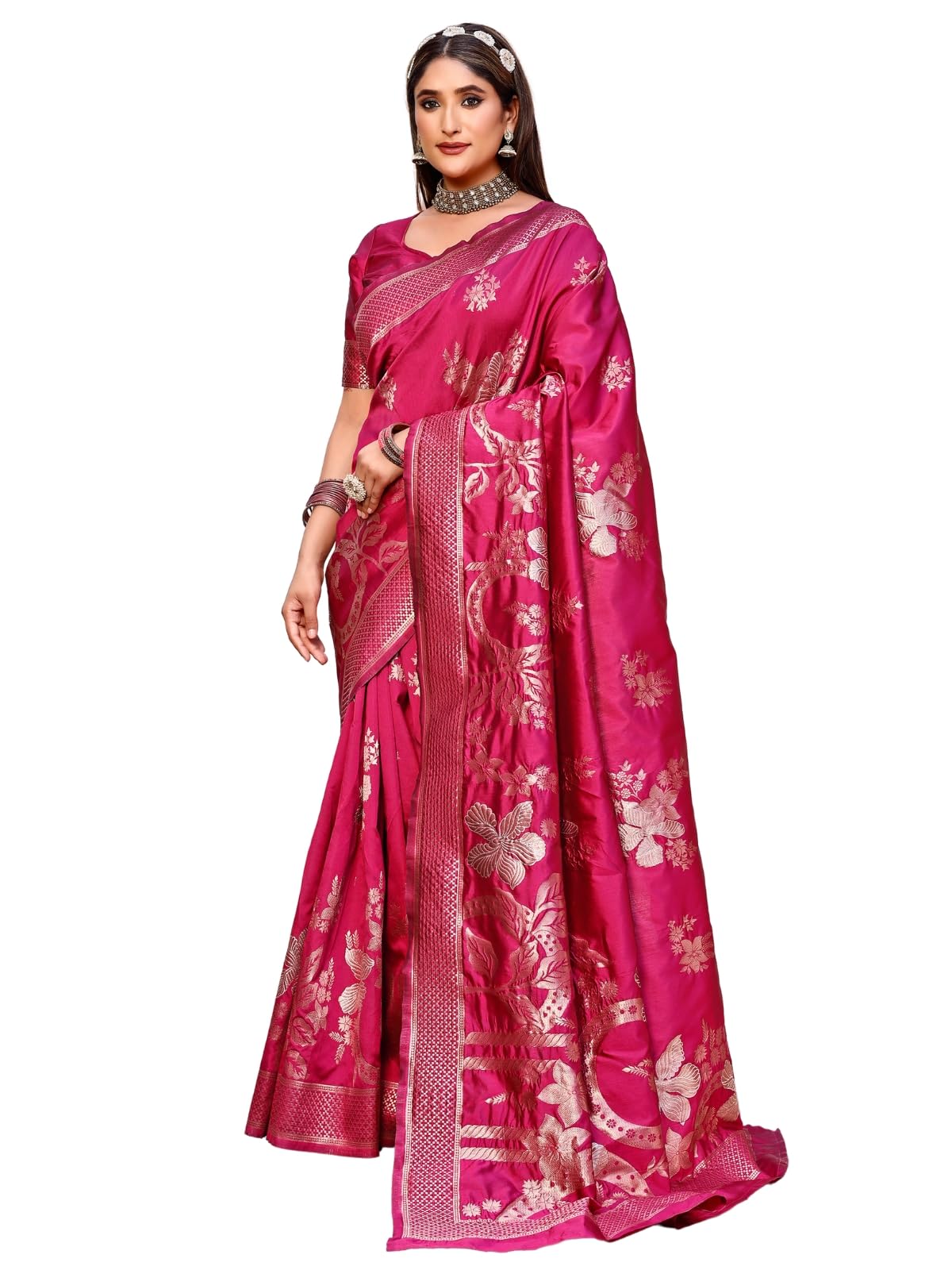 Leriya Fashion Womens Pure Jacquard Banarasi Kanjivarm Cotton Silk Saree with Blouse Piece | Saree for Women (Dark Pink)