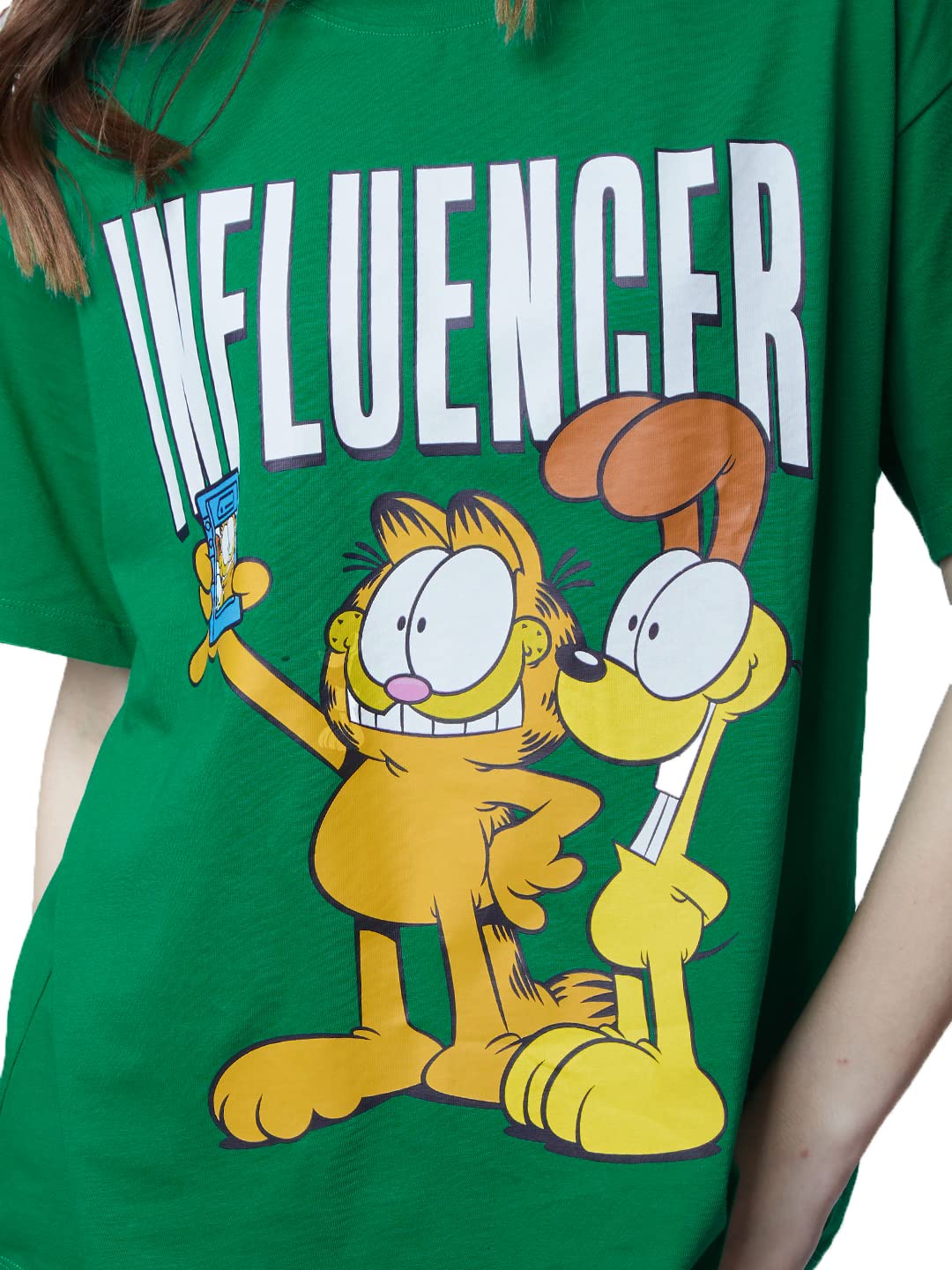 The Souled Store Official Garfield: Influencer Women and Girls Short Sleeves Round Neck Green Graphic Printed Cotton Oversized T