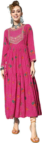 Ishin Women'S Viscose Rayon Bandhani Print Embroidered Anarkali Kurta Inwka0480_Pn_Xl_Pink