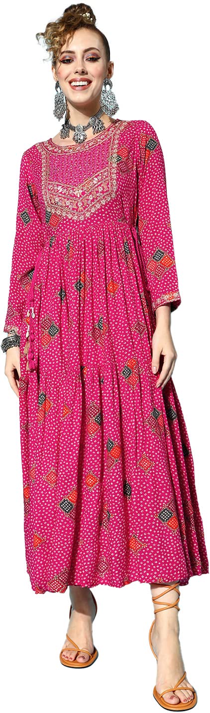 Ishin Women'S Viscose Rayon Bandhani Print Embroidered Anarkali Kurta Inwka0480_Pn_Xl_Pink