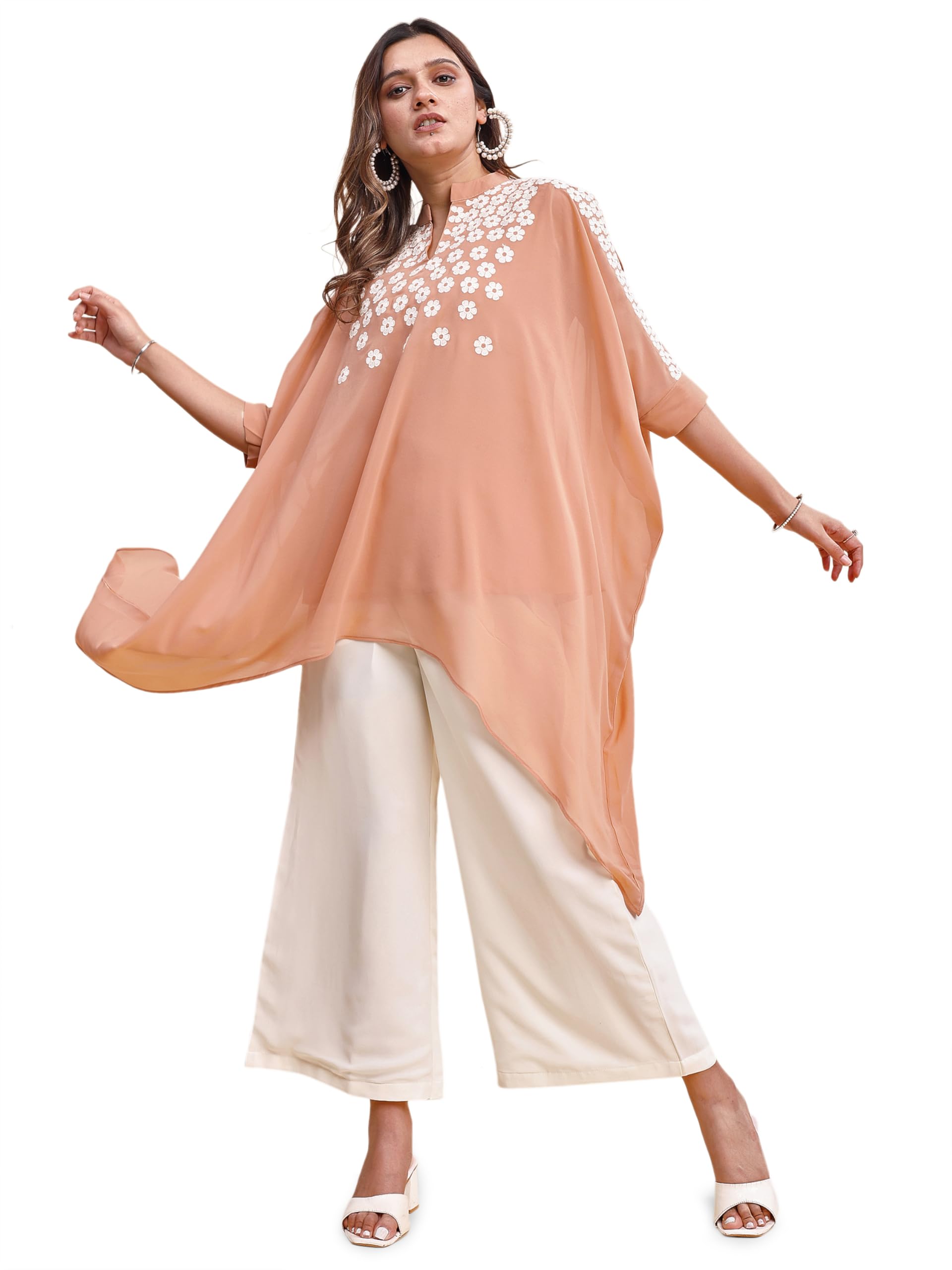 Womanista Womens Poly Georgette Solid Relaxed Tunic Shirt (Co-ords_9256_Peach