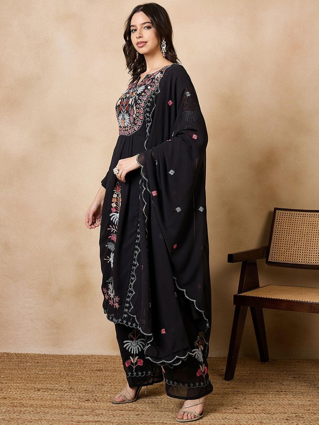 Fashion Basket Georgette Straight Floral Plazzo Kurta Set Black