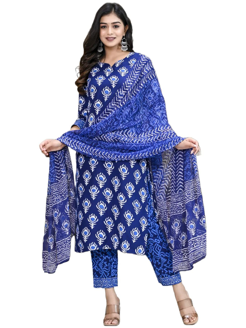 Gosriki Women'S Cotton Blend Floral Printed Straight Kurta With Pants & With Dupatta (Bulgeriya Blue-Nw-Cmd-Gs_M_Blue_Medium)