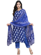 Gosriki Women'S Cotton Blend Floral Printed Straight Kurta With Pants & With Dupatta (Bulgeriya Blue-Nw-Cmd-Gs_M_Blue_Medium)