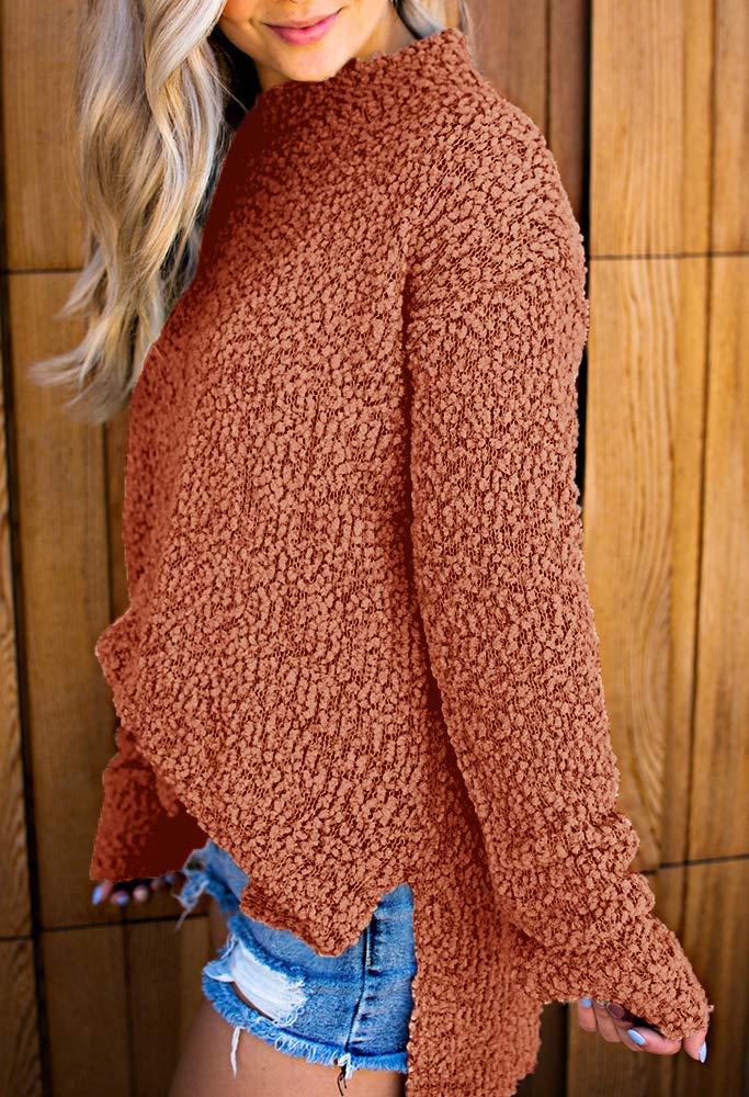 Imily Bela Womens Fuzzy Knitted Sweater Sherpa Fleece Side Slit Full Sleeve Jumper Outwears Red Brick