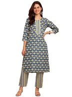 Kurta Set: Radiate Style And Sophistication! Elevate Your Look With Our Cotton Blend Printed Kurti Pant Sets! Blue
