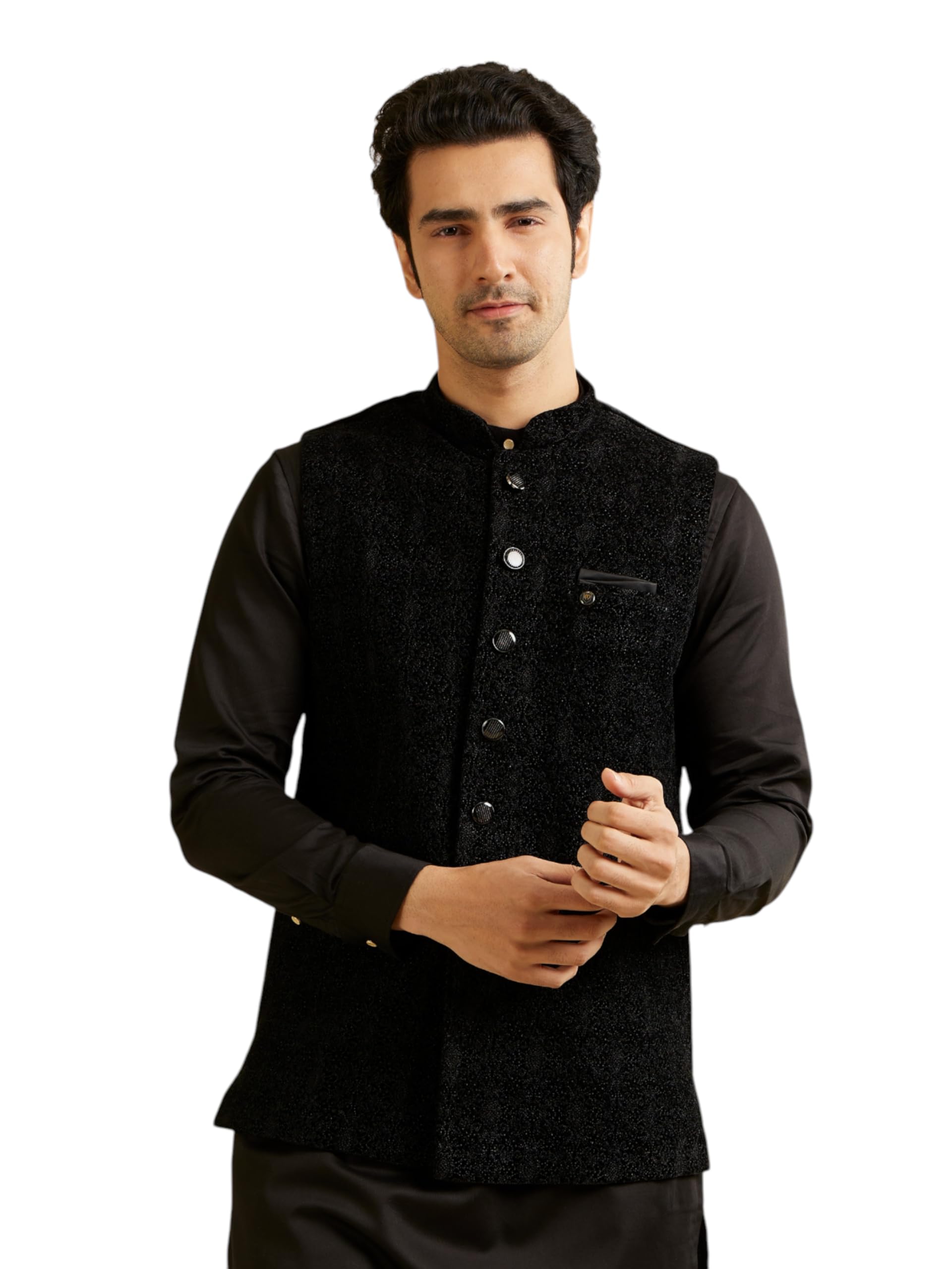 Manyavar MenS Velvet Sleeveless Nehru Jacket (Black,Xxxl)