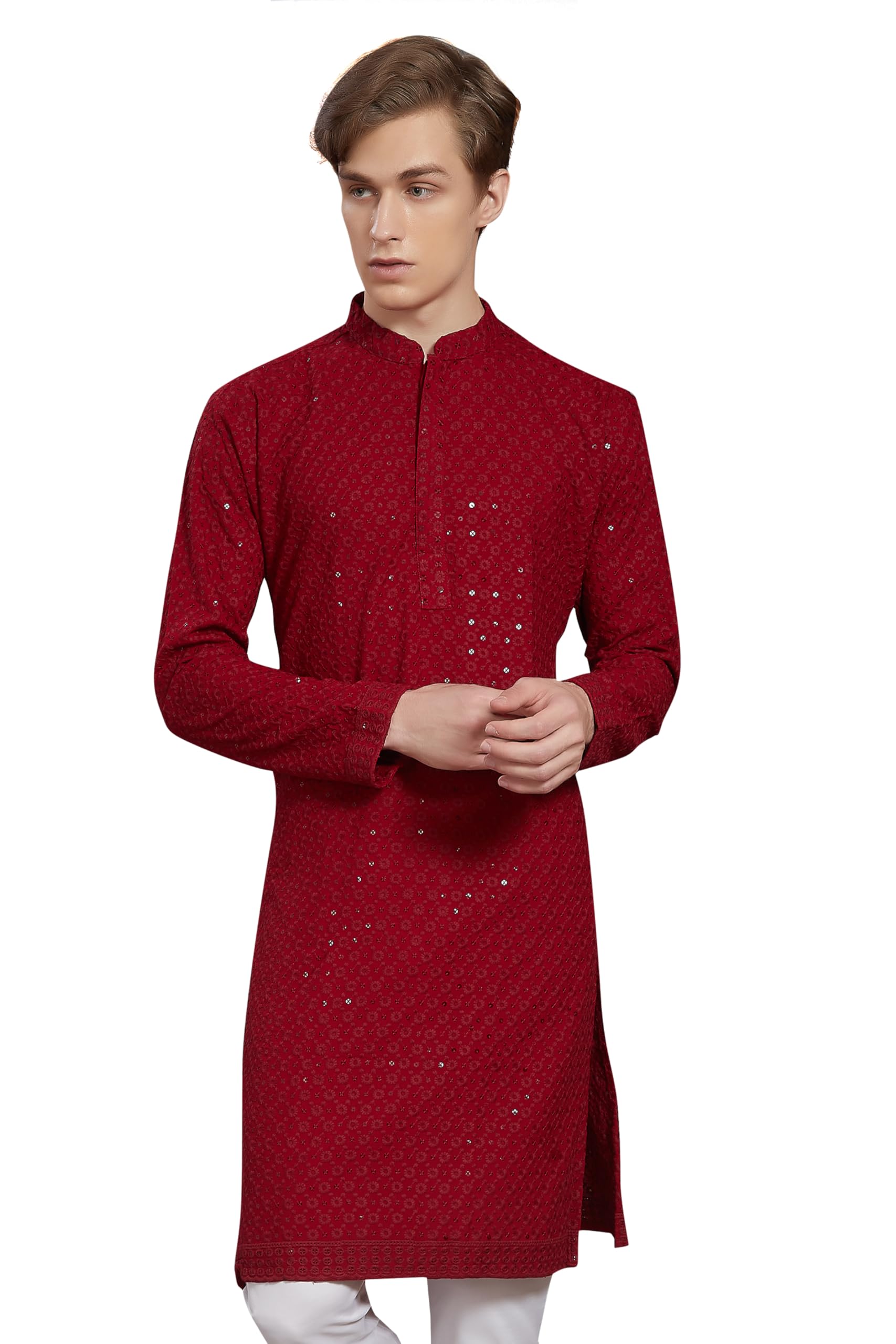 DIVISIVE Mens Sequince Embroidered Cotton Blend Only Slim Fit Kurta (DKRT20_5XL_Maroon)