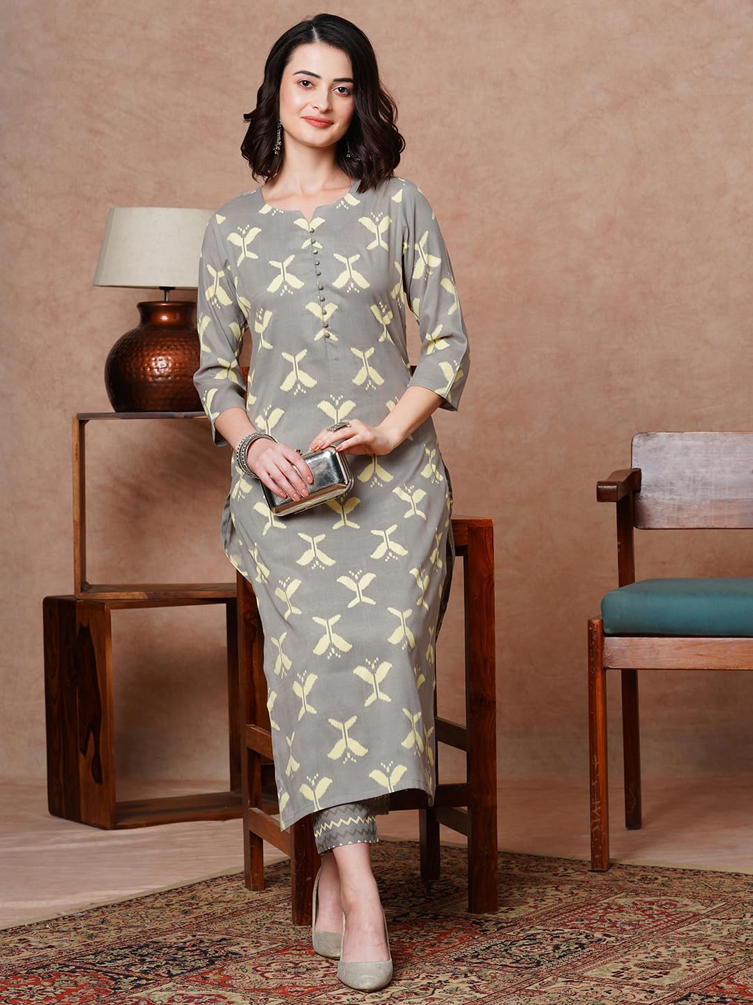 ANNI DESIGNER Ladies Cotton Kurta with Trousers, grey, S