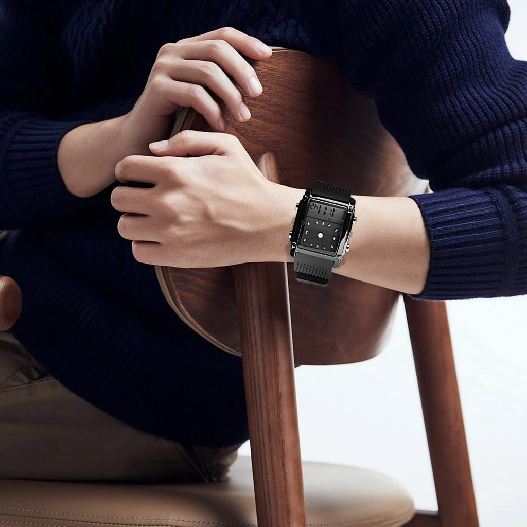 FANMIS Men's Waterproof Rectangle Dial Analog Digital Wrist Watch with Five LED Backlight Color Black