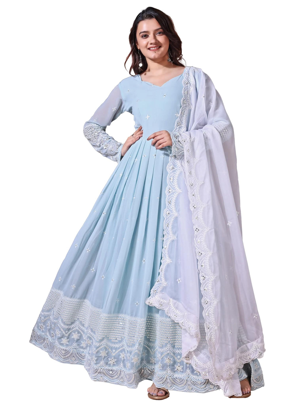 Fashion Basket Faux Georgette Sequins Long Dress For Women (In, Alpha, M, Regular, Sky Blue)
