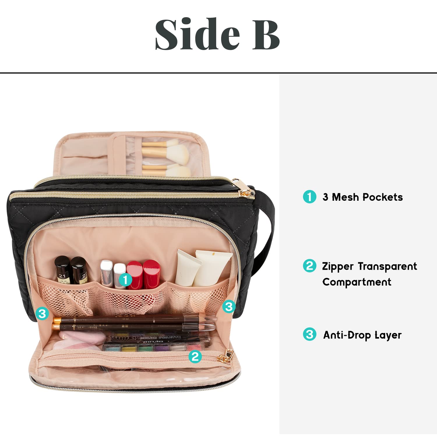 CUBETASTIC Travel Makeup Bag, Large Cosmetic Bag with Makeup Brush Comparment, Portable Make Up Organizer Zipper Pouches for Wom