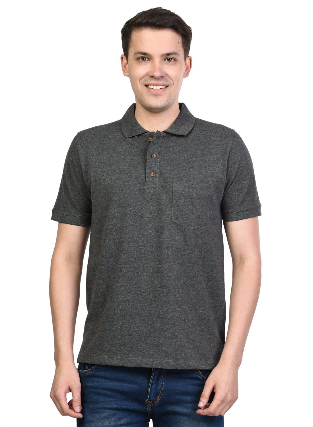 Kalt Mens Plain Half Sleeves Polo Neck Cotton Blend TShirt (T0009 Dark Grey Melange 4XL) 4