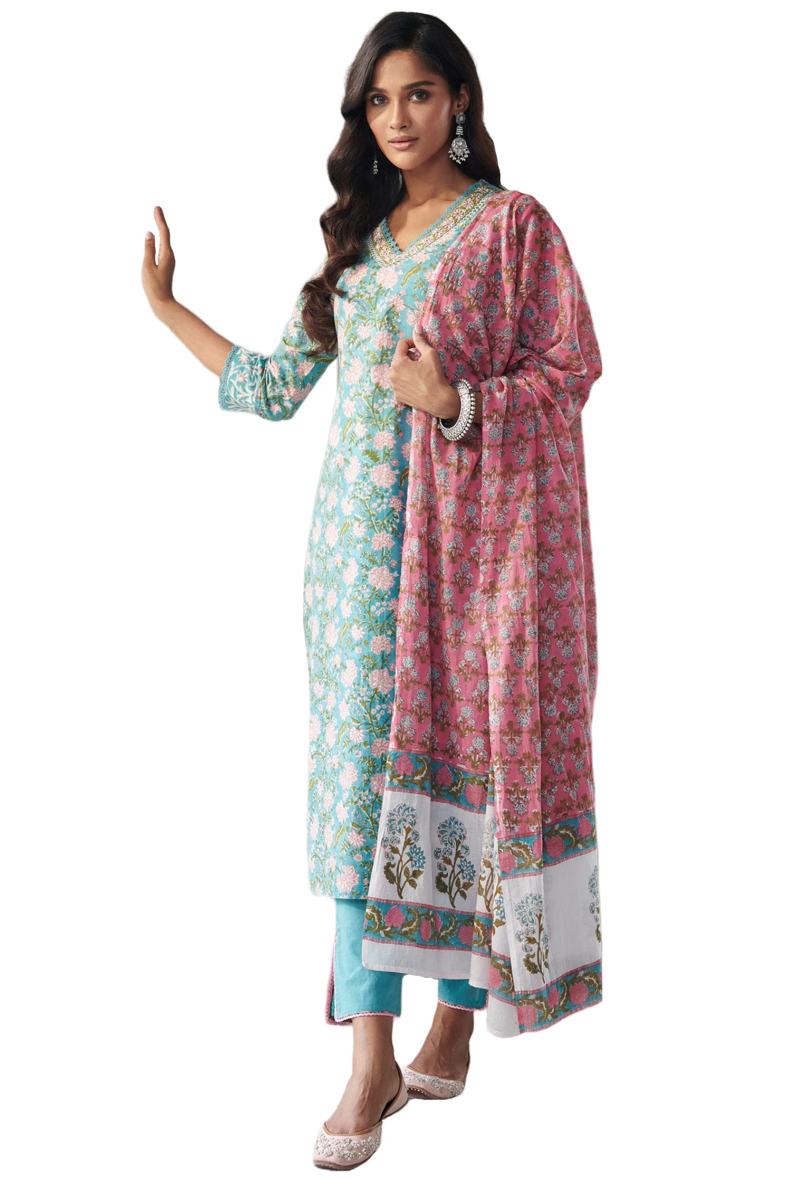 ANNI DESIGNER Womens Cotton Blend Straight Printed Kurta with Pant & Dupatta (Made Green_XXL_XX-Large_Green)