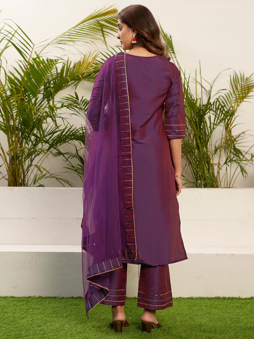 Sanisa Womens Silk Blend Foil Printed Gota Lace Dual Tone Straigth Kurta with Pant and Dupatta Set| Ethnic Set | Suit Set | Kur