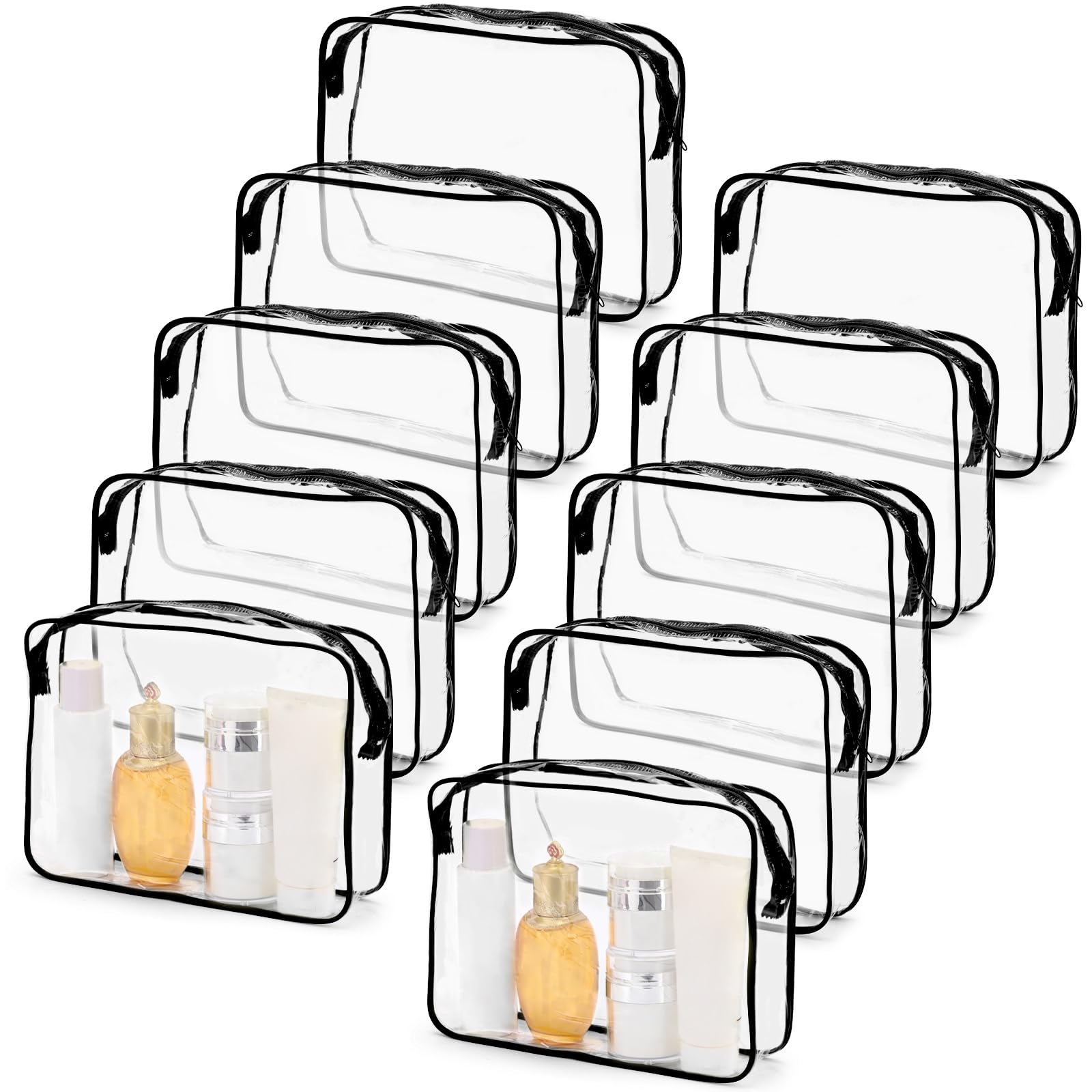 Tbestmax 10 Pack Clear Cosmetic Bags Makeup Bags Portable Waterproof TSA Approved Travel Toiletry Bags Large Organizer Black, 9.