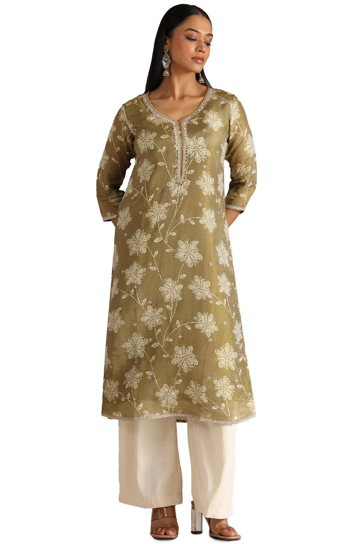 Soch Women Tissue Floral Print Kurta with Mirror and Pearl