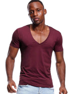 Deep V Neck T Shirt for Men Low Cut Vneck Invisible Tee Vee Top Burgundy Red L