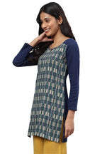 Aurelia Women Sailor Blue Cotton Blend Geometric Yarn Dyed Straight Kurta