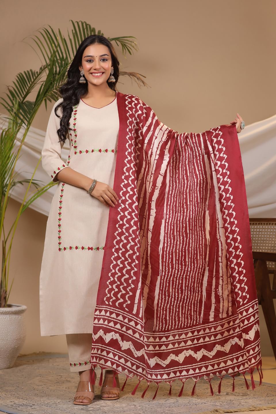 ANNI DESIGNER Ladies Cotton Kurta with Trousers and Dupatta, beige, M