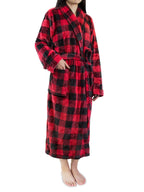 PAVILIA Plush Robe For Women | Buffalo Plaid Red Black Fluffy Soft Bathrobe | Luxurious Fuzzy Warm Spa Robe, Cozy Fleece Long Ro