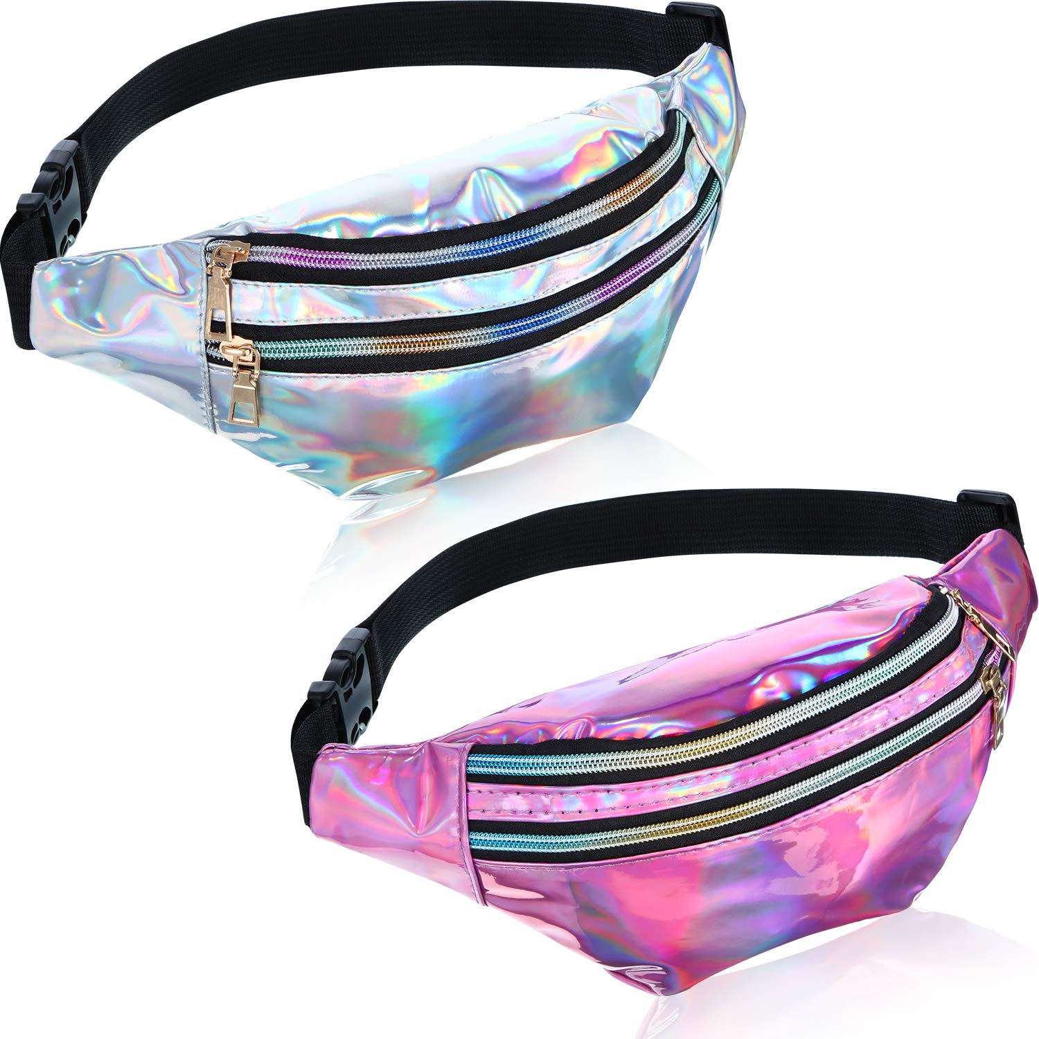 Frienda 2 Pieces Holographic Fanny Pack for Women Colorful Sport Waist Bag Pack(Shiny Silver, Pink)
